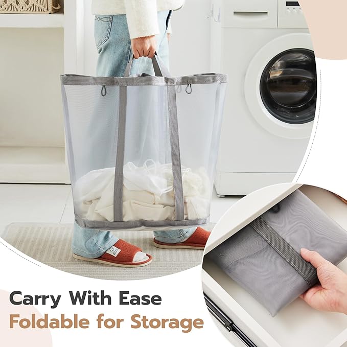 Mesh Laundry bag with Handles, 42L Collapsible Laundry Basket with 2 Hooks - Image 4