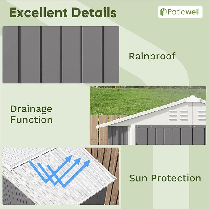 Patiowell 6x4 FT Outdoor Storage Shed, Water-Resistance Metal Outdoor Sheds with Vents & Lock, Garden Shed of Galvanized Steel for Lawn, Patio, Backyard Garden Tools, Bikes, Gray - Image 5
