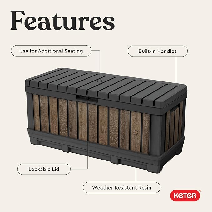 Keter Signature Collection 92 Gallon Resin Deck Box Organization and Storage Box for Patio Outdoor Cushions, Throw Pillows, Garden Tools and Pool Supplies, Walnut - Image 4