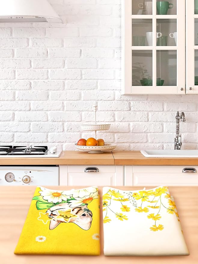 Bencailor 4 Pcs Cat Kitchen Towels Yellow Floral Cute Kitty Hand Dish Towels - Image 7