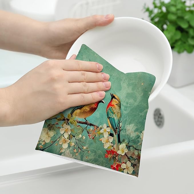 Cute Birds Kitchen Towels Decorative Set of 2, Absorbent Dish Towels Green Tea - Image 4