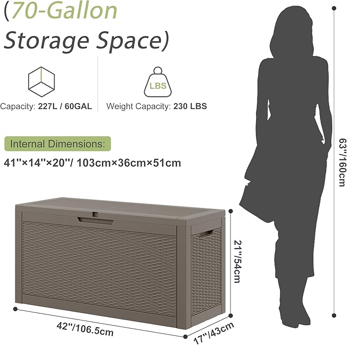 Outdoor Storage Box, Resin Deck Boxes Indoor and outdoor, Waterproof Storage Box Lockable Lid (Grey,70 Gallon) - Image 2