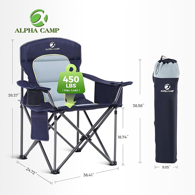 ALPHA CAMP Heavy Duty Camping Chair 500LBS Capacity, Oversized Folding Chair for Heavy People, Padded Portable Outdoor Chair with Cooler Bag & Cup Holder for Camping, Fishing, Beach - Image 2
