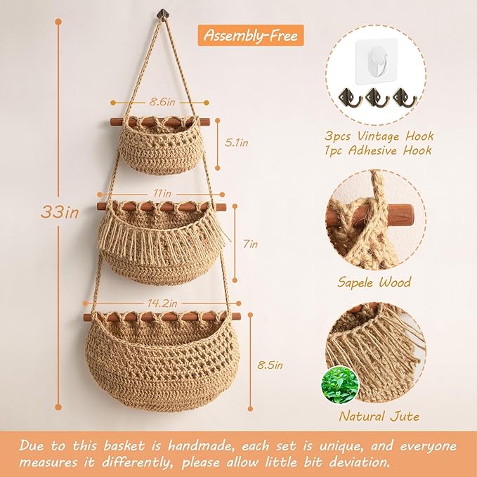 Hanging Fruit Basket, 3 Tier Over the Door Organizer, Handmade Woven Jute Wall - Image 6