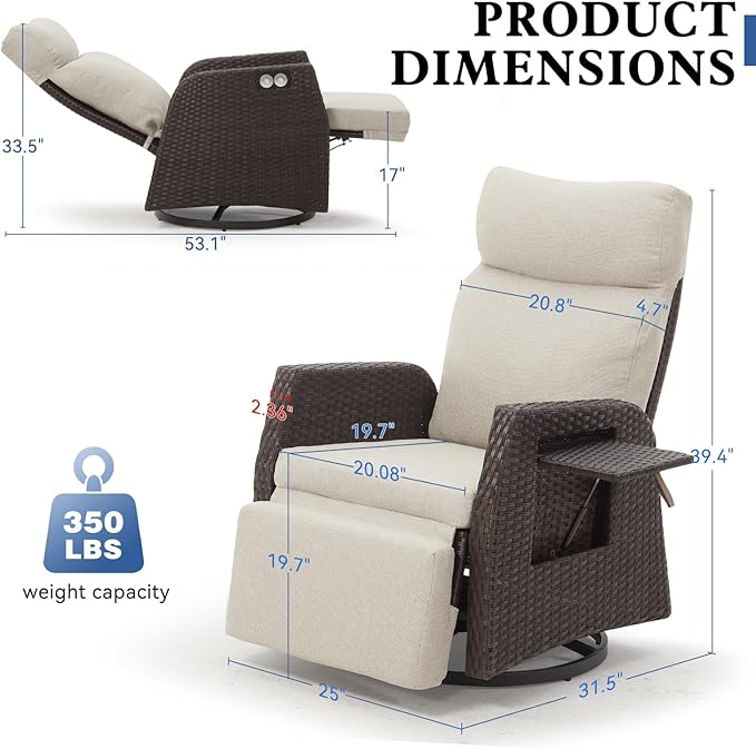 Adjustable Outdoor Recliner Chair with Independent Backrest & Footrest, Patio Swivel Recliner Chair, Wicker Reclining Patio Chair w/Flip-Up Table, Air Pump 155° Lay Flat Chaise Lounge, Beige - Image 2