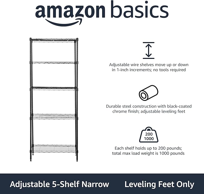 Amazon Basics 5-Shelf Multipurpose Adjustable Steel Garage Shelving Unit, Storage Rack for Kitchen, 200 lbs Per Shelf, Easy Assembly, 13.4"D x 23.2"W x 60"H, Black - Image 4