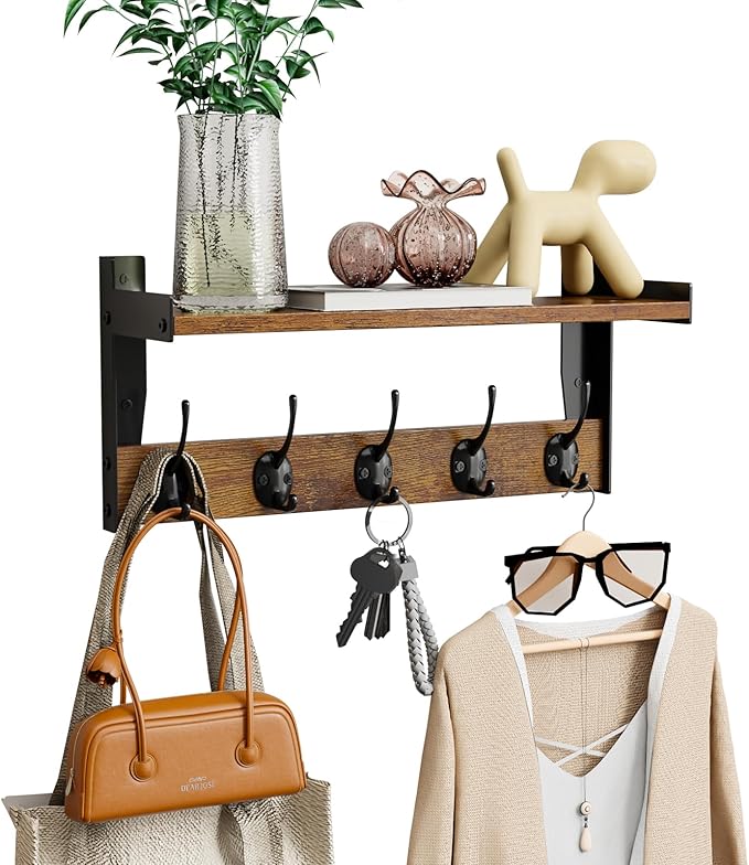 Wall Hooks with Shelf, Wood Coat Rack with Shelf Wall-Mounted, Entryway Hanging by Unknown