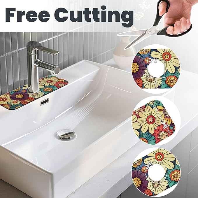 Kitchen Faucet Mat 15 x 5.5 Inch Abstract retro flower Faucet Draining Mat - Image 4