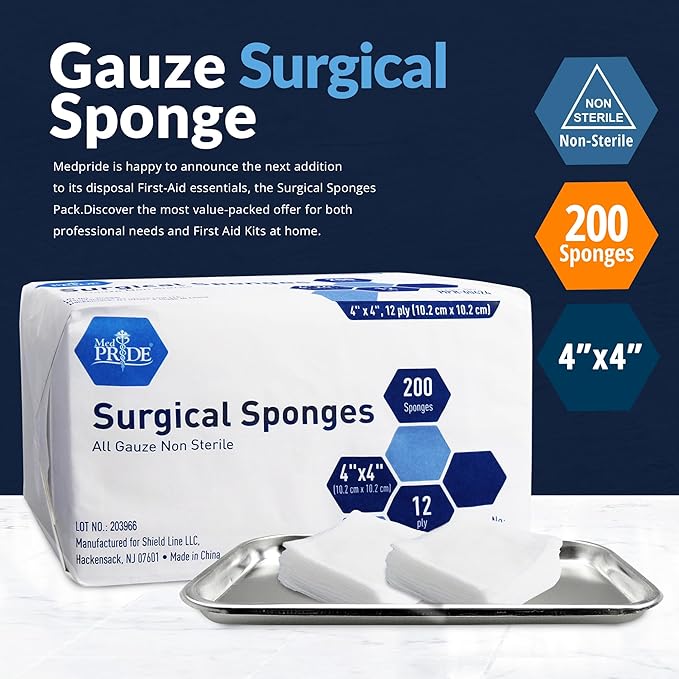 MED PRIDE 4”x 4” Gauze, 200 Surgical Sponges 12-ply Extra Absorbent | All-Gauze - Image 2