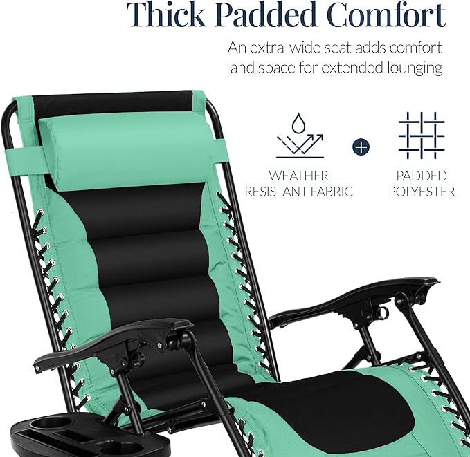 Best Choice Products Oversized Padded Zero Gravity Chair, Folding Outdoor Patio Recliner, XL Anti Gravity Lounger for Backyard w/Headrest, Cup Holder, Side Tray, Polyester Mesh - Green/Black - Image 5