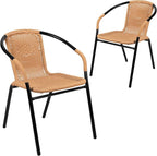 EMMA + OLIVER Set of 2 Modern Rattan Indoor/Outdoor Stack Chairs, Stacking Rattan Patio Chairs with Curved Back and Cross Bracing, Beige - Image 3