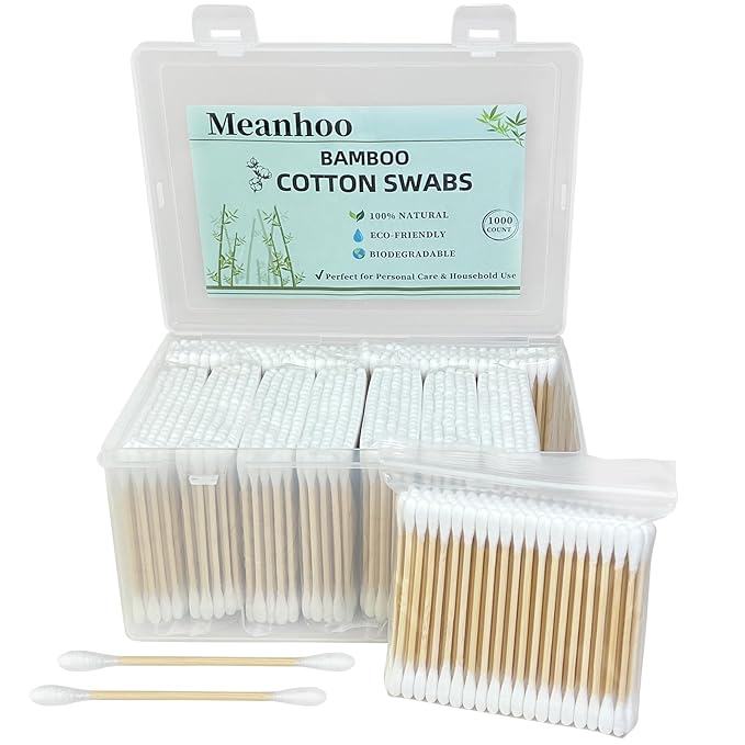 Bamboo Cotton Swabs 1000 Count in Storage Box, Double-Tipped Organic Cotton Buds by MeanHoo