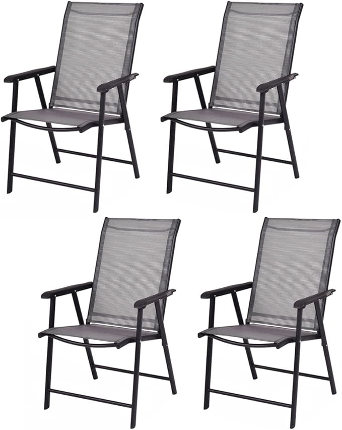 Giantex Set of 4 Folding Patio Chairs, Outdoor Portable Dining Chairs for Garden Camping Poolside Beach Deck Lawn, 4-Pack Sling Armchairs, Metal Frame, Grey by Giantex