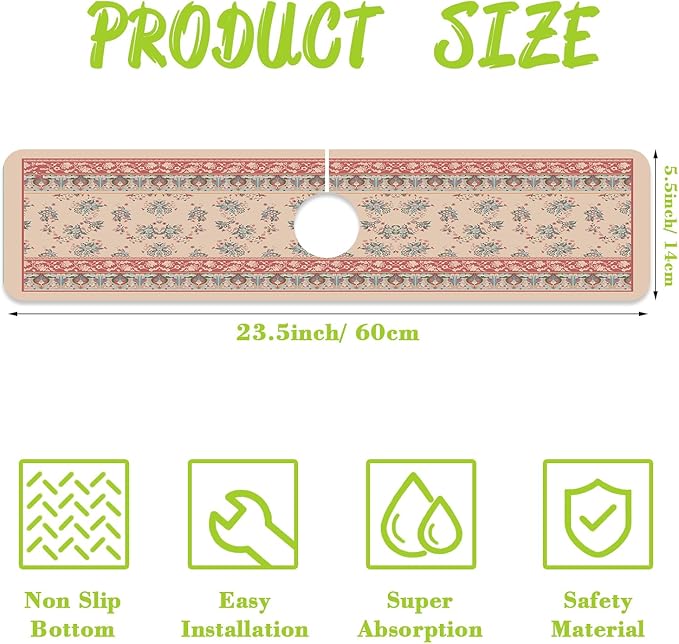 Sink Splash Guard Faucet Mat Retro Boho Flowers Absorbent Fast Drying Mat Sink - Image 2