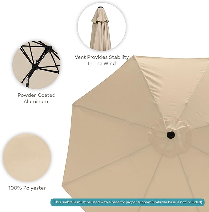 Sunnydaze Outdoor Patio Umbrella - Polyester Table Market Umbrella with Push-Button Tilt and Crank - 8 Sturdy Ribs - Beige - 9ft - Image 2