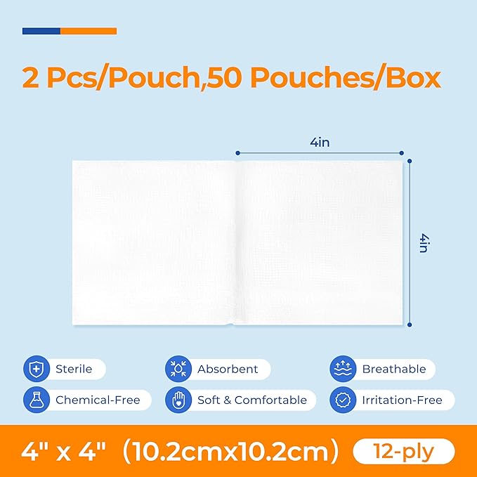 100Pcs Sterile Gauze Pads 4x4 Inch 12-Ply, 100% Cotton 4x4 Gauze Pads Highly - Image 2