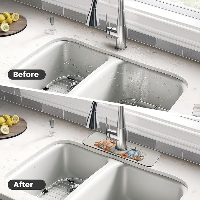 Kitchen Sink Splash Guard Faucet Mat Autumn Pumpkin Floral 15"x5.5", Diatom Mat - Image 4