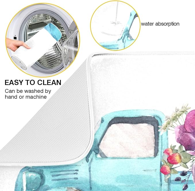 ALAZA Blue Trolley Truck Purple Rose Flower Dish Drying Mat - Image 2