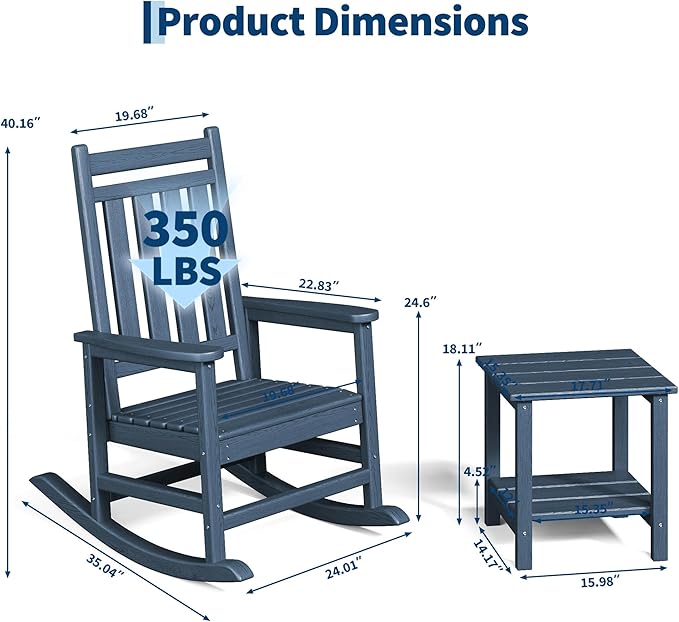 HDPE Rocking Chair Outdoor Set of 4 with 2 Side Table - Poly High Back Porch Rocker Chairs for Adults - All Weather Resistant Furniture for Patio Front Porch - Navy Blue - Image 2