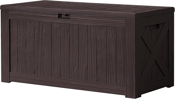 Devoko 120 Gallon Deck Box Resin Outdoor Storage Box Waterproof for Patio, Large Outdoor Storage Bench Lockable for Outside (Deep Brown) by DEVOKO