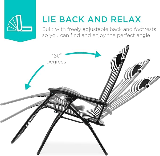 Best Choice Products Set of 2 Adjustable Steel Mesh Zero Gravity Lounge Chair Recliners w/Pillows and Cup Holder Trays - Black Striped - Image 3