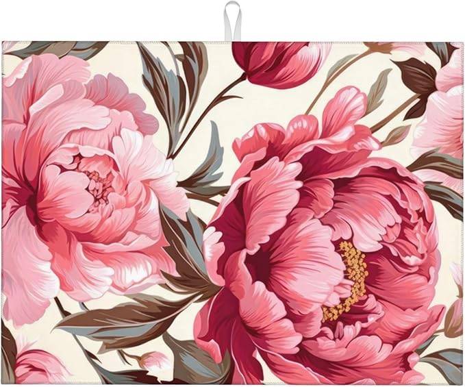 Pink Peony Dish Drying Mats for Kitchen Counter, Absorbent Reversible by Unknown