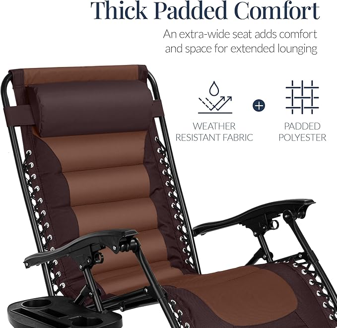 Best Choice Products Oversized Padded Zero Gravity Chair, Folding Outdoor Patio Recliner, XL Anti Gravity Lounger for Backyard w/Headrest, Cup Holder, Side Tray, Polyester Mesh - Espresso/Brown - Image 4