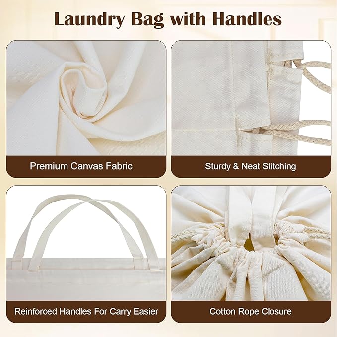 Canvas Laundry Bags with Handles & Rectangular Base, Washable Canvas Drawstring - Image 5