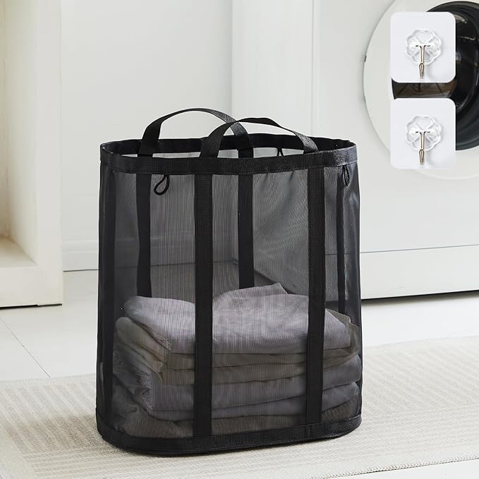 Mesh Laundry bag with Handles, 42L Collapsible Laundry Basket with 2 Hooks by TECHMILLY