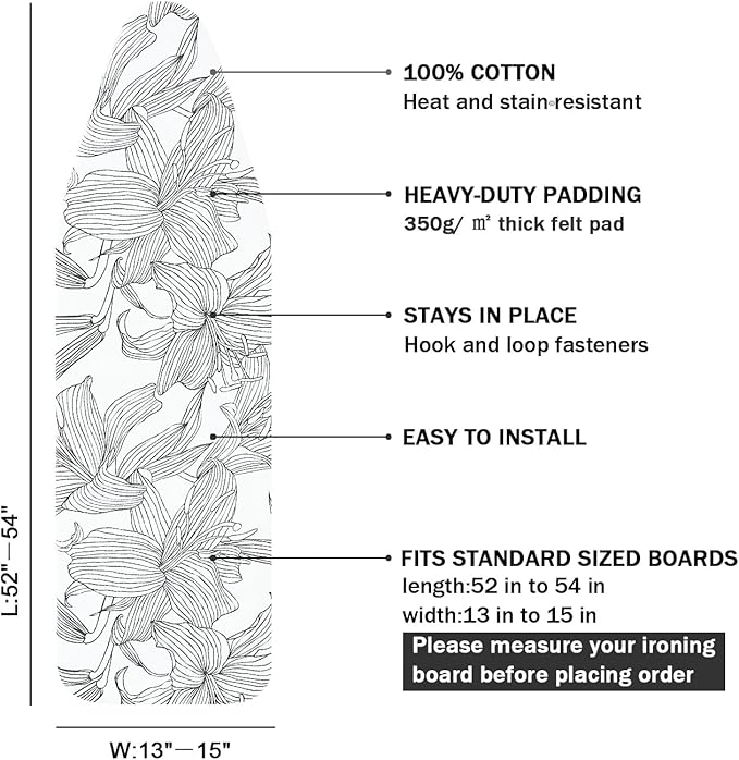 Ironing Board Cover and Pad Standard Size 15" x 54", 3 Pairs of Hook and Loop - Image 2