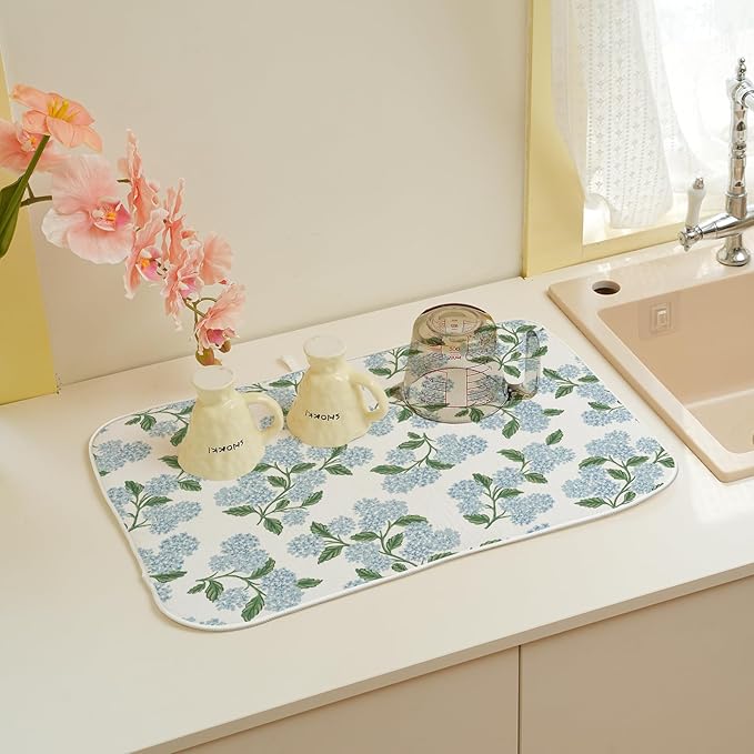 Blue Sage Green Hydrangea Dish Drying Mats 18x24 Inch Floral Mats Spring - Image 5