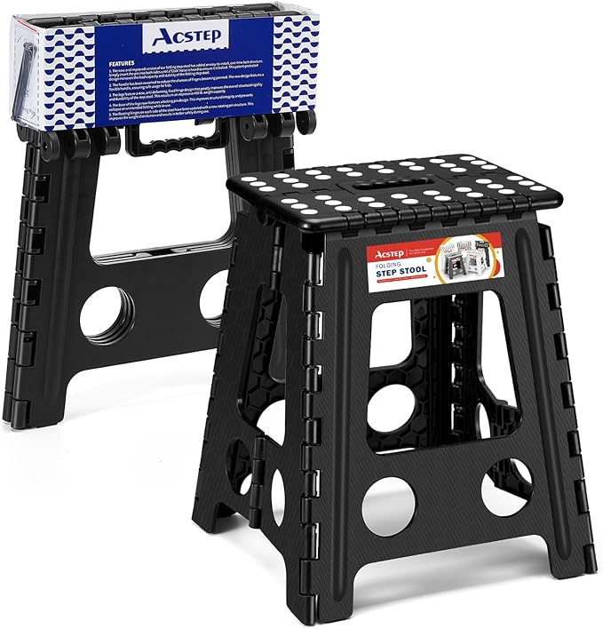 ACSTEP Folding Step Stool 16 Inch Heavy Duty Step Stool Foldable for Adults and Kids, Collapsible Stepping Stool with Handle, Non Slip Folding Stools for Kitchen Hold Up to 400lbs (Black 1PC) by ACSTEP