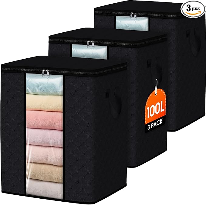SpaceWhisper 3 Pack 100L Clothes Storage, Foldable Thick Fabric Blanket Storage by Unknown