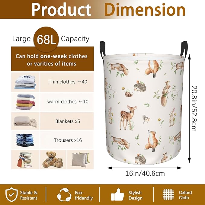 Deer Hedgehog Fox Bunny Squirrel Forest Laundry Basket, Waterproof Foldable - Image 2