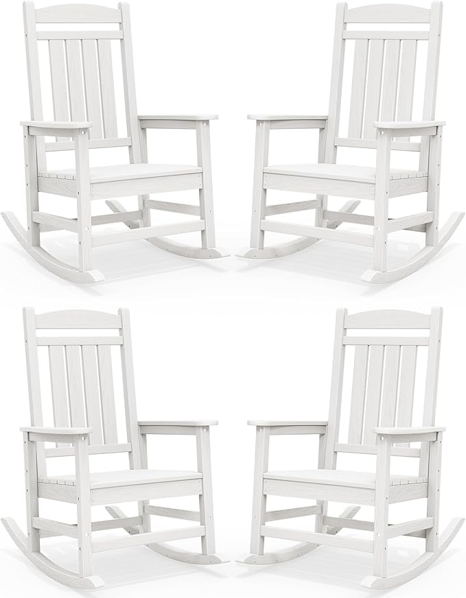 SERWALL Outdoor Rocking Chairs Set of 4, Oversized HDPE Porch Rockers for Adults, All-Weather Composite Patio Rocking Chairs, White by SERWALL