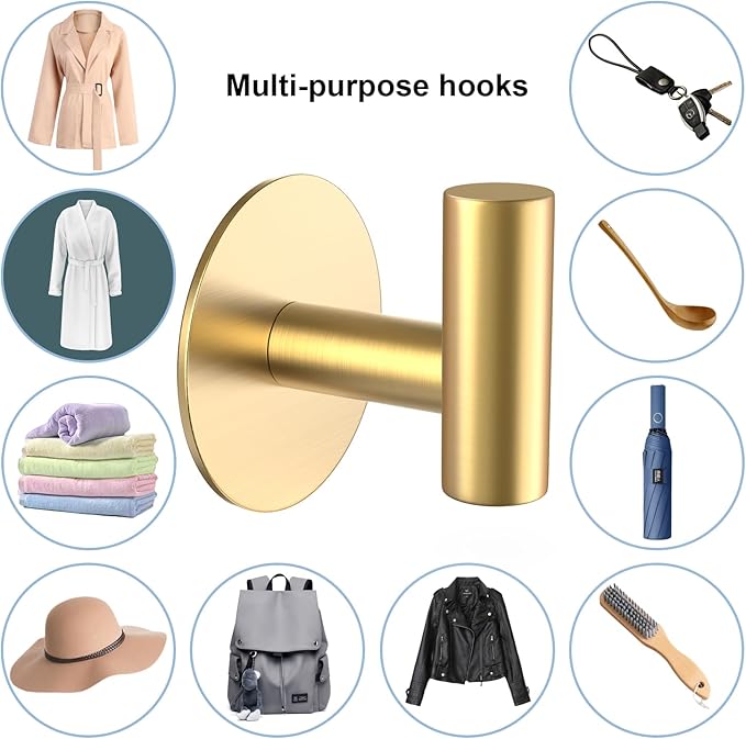 Gold Stainless Steel Wall Hooks, Heavy Duty Self-Adhesive Hooks - Image 8