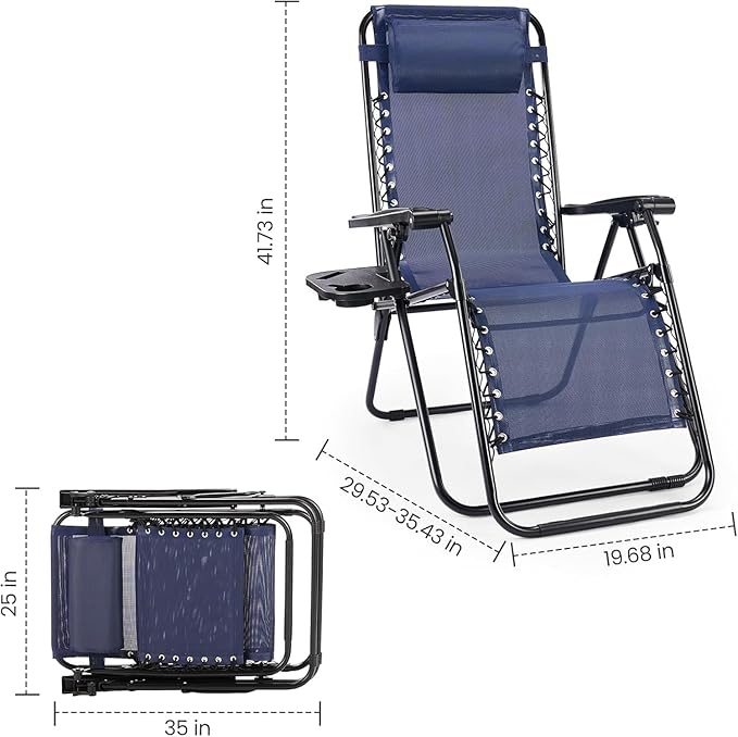 Sweetcrispy Zero Gravity Chairs, Set of 4 Portable Recliner Beach Camping Patio Outdoor Folding Lounge Chair with Cup Holder Trays and Adjustable Pillow for Poolside, Garden, Backyard, Lawn (Blue) - Image 2