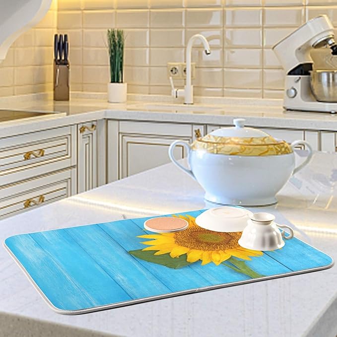 ALAZA Sunflower Yellow On Blue Wooden Dish Drying Mat - Image 6
