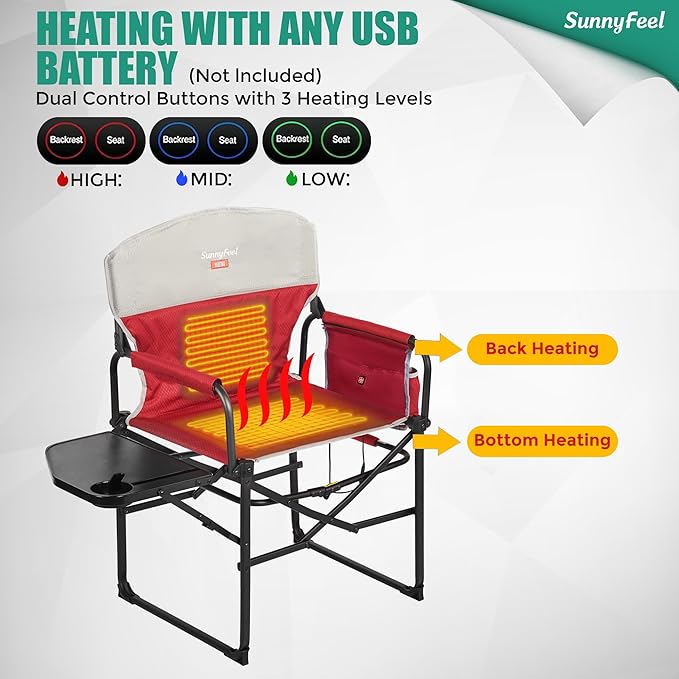 SUNNYFEEL Heated Camping Directors Chair, Heavy Duty,Oversized Portable Folding Chair with Side Table, Pocket for Beach, Fishing,Trip,Picnic,Lawn,Concert Outdoor Foldable Camp Chairs - Image 5