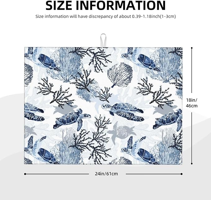 Navy Blue White Sea Turtle & Coral Dish Drying Mats - Image 7
