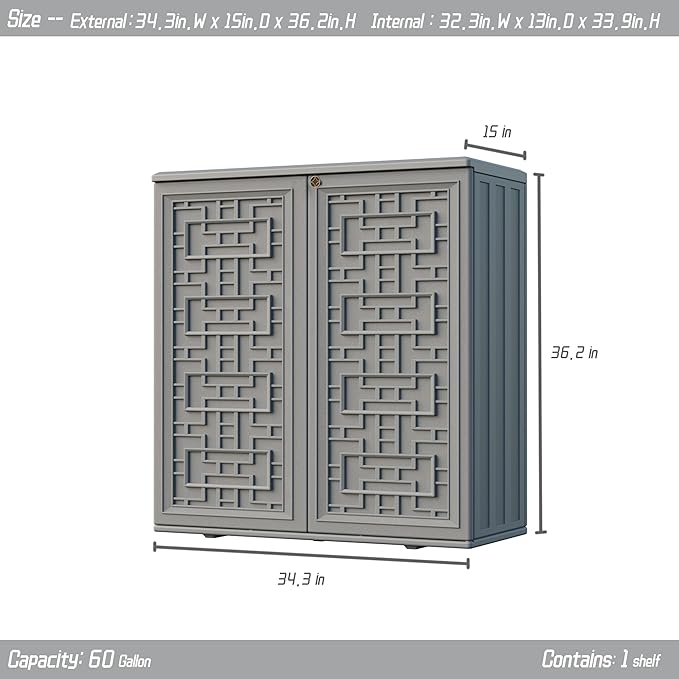 Indoor Outdoor Storage Cabinet Waterproof with Shelf,Plastic Storage Sheds Outdoor Cabinets for Patio/Garden/Backyard, Size 34.3''L*15''W*36.2''H（Gray） - Image 4