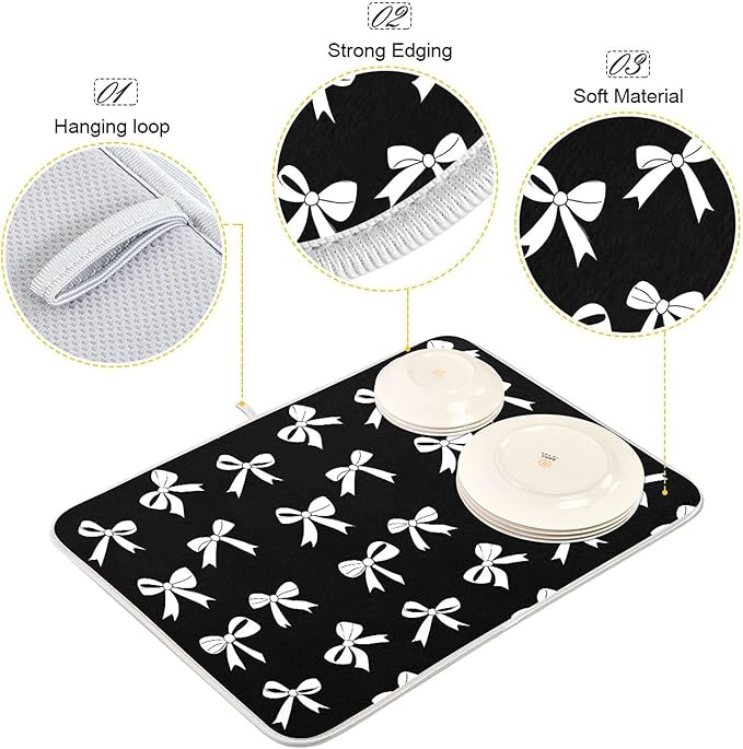 Black Bow Dish Drying Mat for Kitchen Countertop 16x18 Bowknot Coquette - Image 4