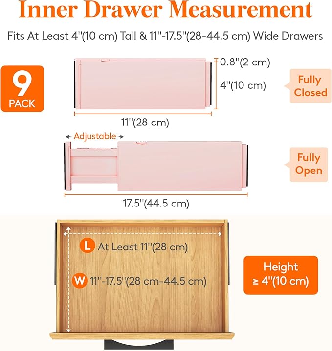Lifewit 9 Pack Drawer Dividers 4" High 28-43.5cm/11-17" Adjustable Drawer - Image 2
