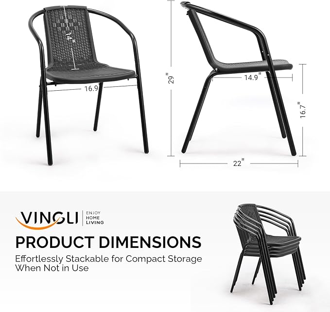 VINGLI PE Rattan Outdoor Dining Chairs Set of 2, Plastic Stackable Patio Chairs for Indoor, Porch, Restaurant, Garden, Black - Image 3