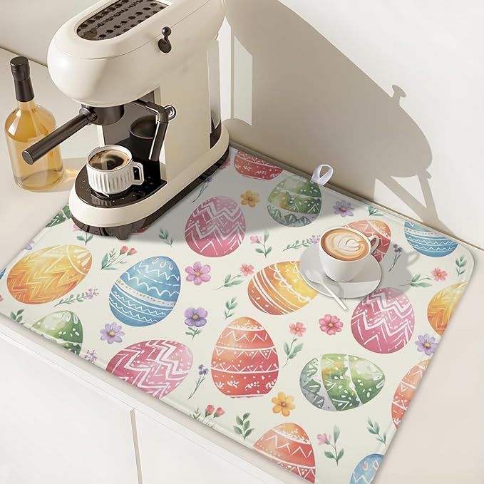 Easter Dish Drying Mat for Kitchen Counter Colorful Easter Eggs Floral Pattern - Image 7