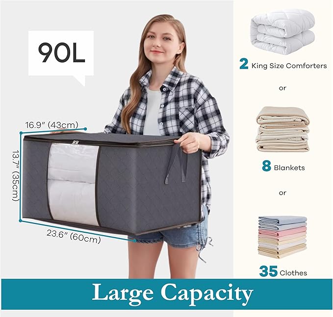 90L Large Storage Bags for Clothes, Blanket and Comforter, 3 Pack Foldable - Image 2