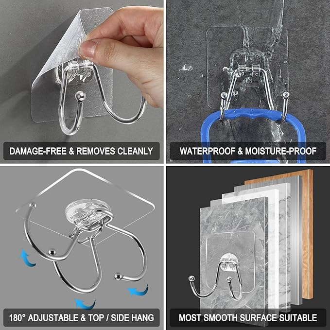 15 Pack Large Double Adhesive Wall Hooks, Damage-Free Waterproof 33 Ib Max - Image 3