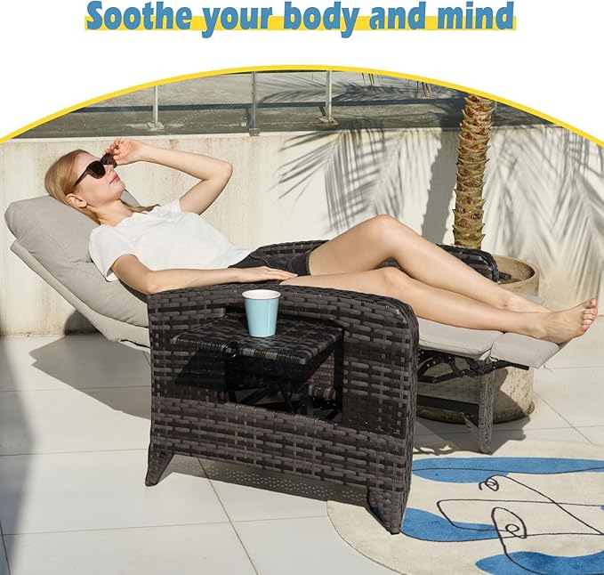 Upgraded Outdoor Recliner Chair, Reclining Patio Chairs with Adjustable Back up to 150°Lay Flat and Extended Footrest, Wicker Recliner Chairs with Flip Table and Removable Olefin Cushion - Image 6