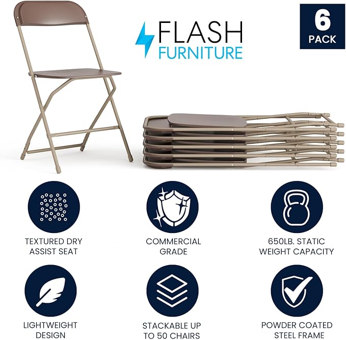 Flash Furniture Hercules Series Plastic Folding Chair - Brown - 6 Pack 650LB Weight Capacity Comfortable Event Chair-Lightweight Folding Chair - Image 3