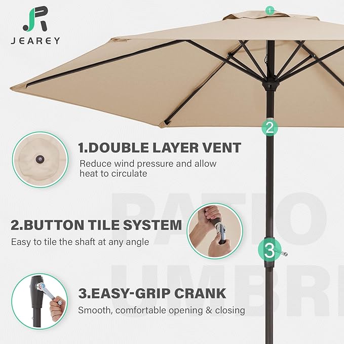 JEAREY 7.5FT Patio Umbrella Outdoor Table Umbrella with 6 Sturdy Ribs, Push Button Tilt & Easy Crank Table Umbrella for Garden, Deck, Backyard & Pool, Cream Beige - Image 3